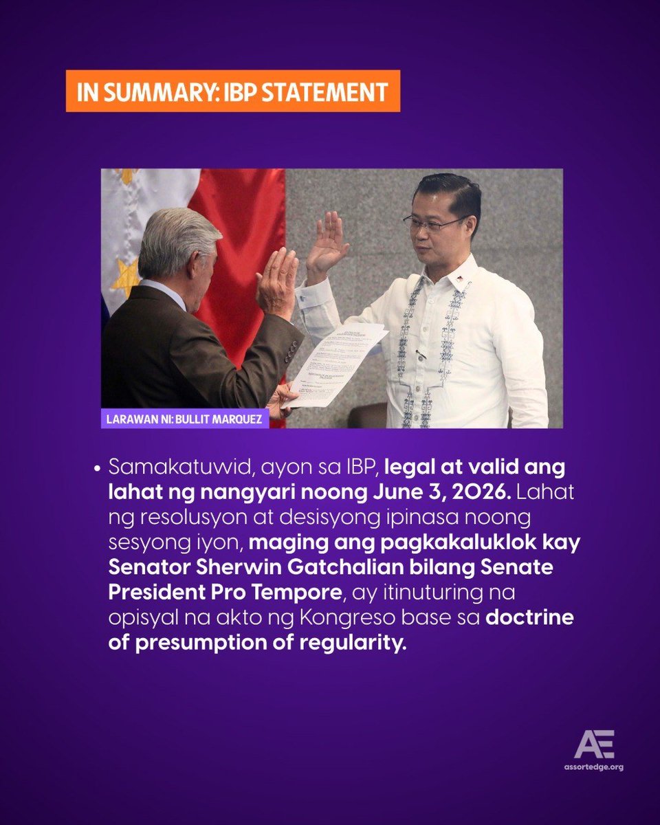 assortedge's tweet photo. Naglabas na ng opisyal na pahayag ang Integrated Bar of the Philippines (IBP) hinggil sa isyu kung valid at legal ba ang isinagawang session ng Senado noong June 3, 2026.

Sa kanilang pahayag, ipinaliwanag ng IBP ang mga legal na batayan na may kaugnayan sa usapin. https://t.co/1FmLOvQJrW