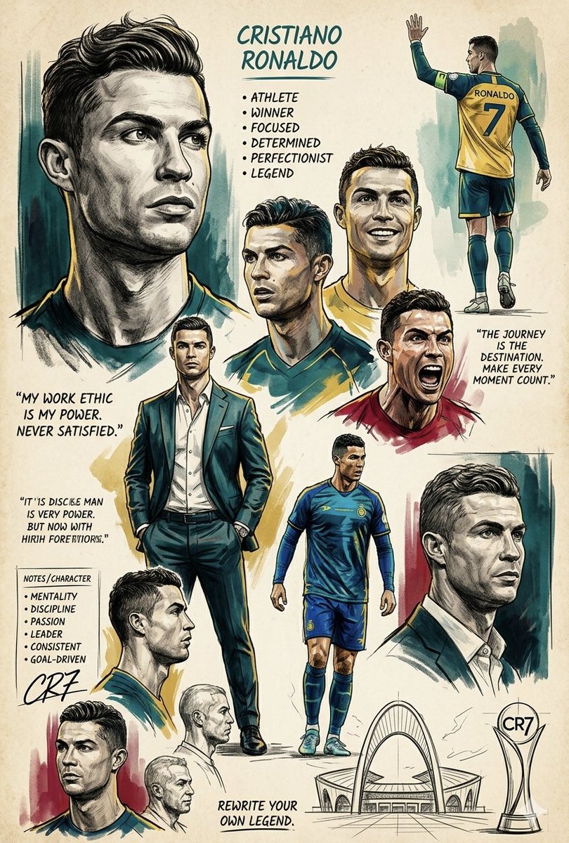 Minahil42298354's tweet photo. Cristiano Ronaldo: The ultimate football legend collage.

Gemini Nano Banana image 

Prompt:
An artistic, multi-panel poster collage dedicated to football star Cristiano Ronaldo, presented in a vintage sketch and watercolor style on an aged, off-white parchment paper texture. The layout features a dominant, highly detailed close-up portrait of Ronaldo on the top left with a focused expression, rendered with bold pencil sketch lines and soft teal-blue watercolor shading. Surrounding this are multiple smaller illustrations capturing different sides of his persona: a full-body depiction of him in a sharp, dark teal suit standing confidently, an image of him from behind wearing a yellow and blue jersey with his iconic number seven waving to a crowd, and an intense portrait of him shouting in a red jersey. Other sketches include him in a blue sports kit, side-profile headshots, and a stylized modern stadium arch alongside a trophy silhouette at the bottom. The composition is interspersed with elegant, dark typography featuring his name at the top, a bulleted list of traits like "ATHLETE," "WINNER," "DETERMINED," and motivational quotes in a handwritten font such as "MY WORK ETHIC IS MY POWER" and "REWRITE YOUR OWN LEGEND." The entire piece has a textured, athletic journal aesthetic blending clean illustration with artistic watercolor splashes of red, yellow, and deep teal.