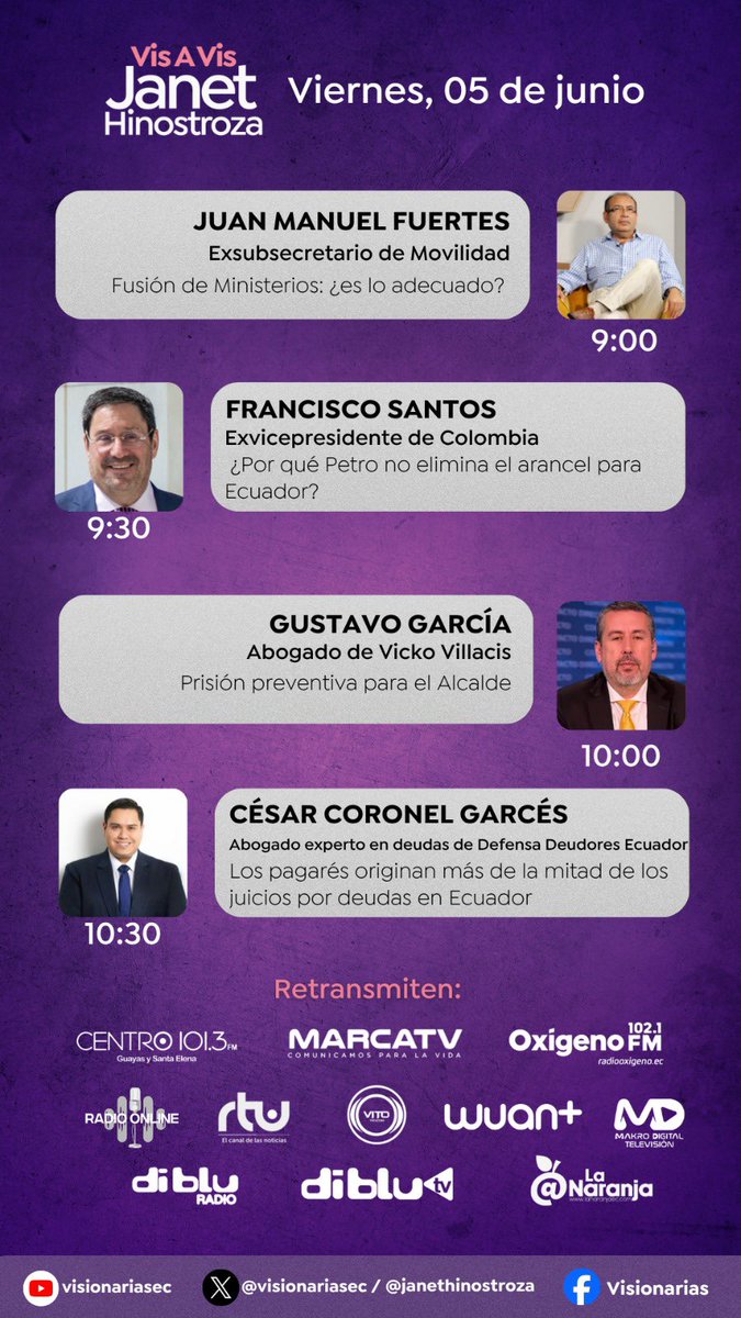 visionariasec's tweet photo. Viernes en #VisaVisconJH con @janethinostroza 
nos acompañan:        

🎙️#JuanManuelFuertes
🎙️@PachoSantosC 
🎙️#GustavoGarcía
🎙️#CésarCoronel 

Mira en vivo 🔽

https://t.co/H79zTjgTc8… https://t.co/WUDgWB2HKM