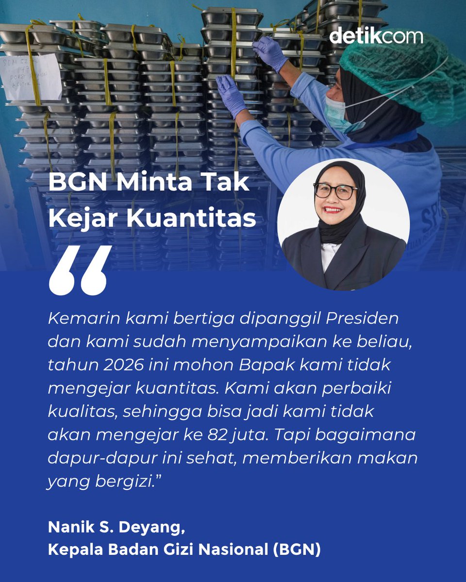 detikcom's tweet photo. BGN menyebut pihaknya tak akan kejar target 82,9 juta penerima. Fokusnya bergeser ke pembenahan dapur, peningkatan SDM, dan prioritas kelompok yang paling membutuhkan.

>> https://t.co/cY1WH6CBVy https://t.co/FpxKvW6OTv