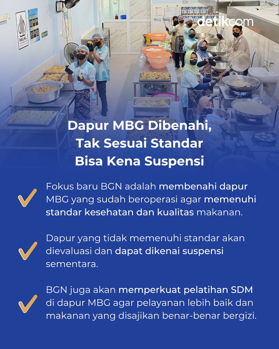 detikcom's tweet photo. BGN menyebut pihaknya tak akan kejar target 82,9 juta penerima. Fokusnya bergeser ke pembenahan dapur, peningkatan SDM, dan prioritas kelompok yang paling membutuhkan.

>> https://t.co/cY1WH6CBVy https://t.co/FpxKvW6OTv