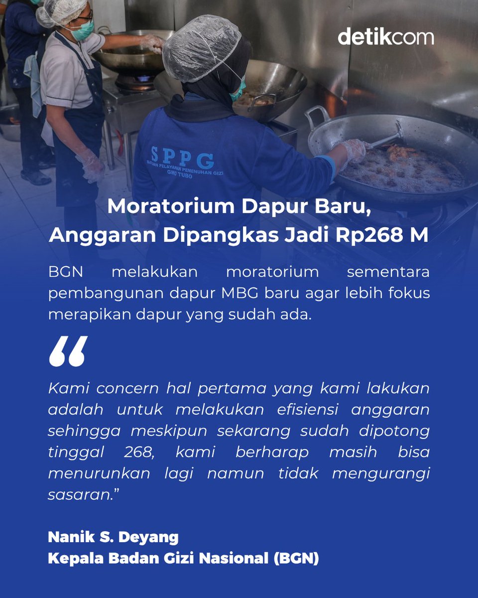 detikcom's tweet photo. BGN menyebut pihaknya tak akan kejar target 82,9 juta penerima. Fokusnya bergeser ke pembenahan dapur, peningkatan SDM, dan prioritas kelompok yang paling membutuhkan.

>> https://t.co/cY1WH6CBVy https://t.co/FpxKvW6OTv
