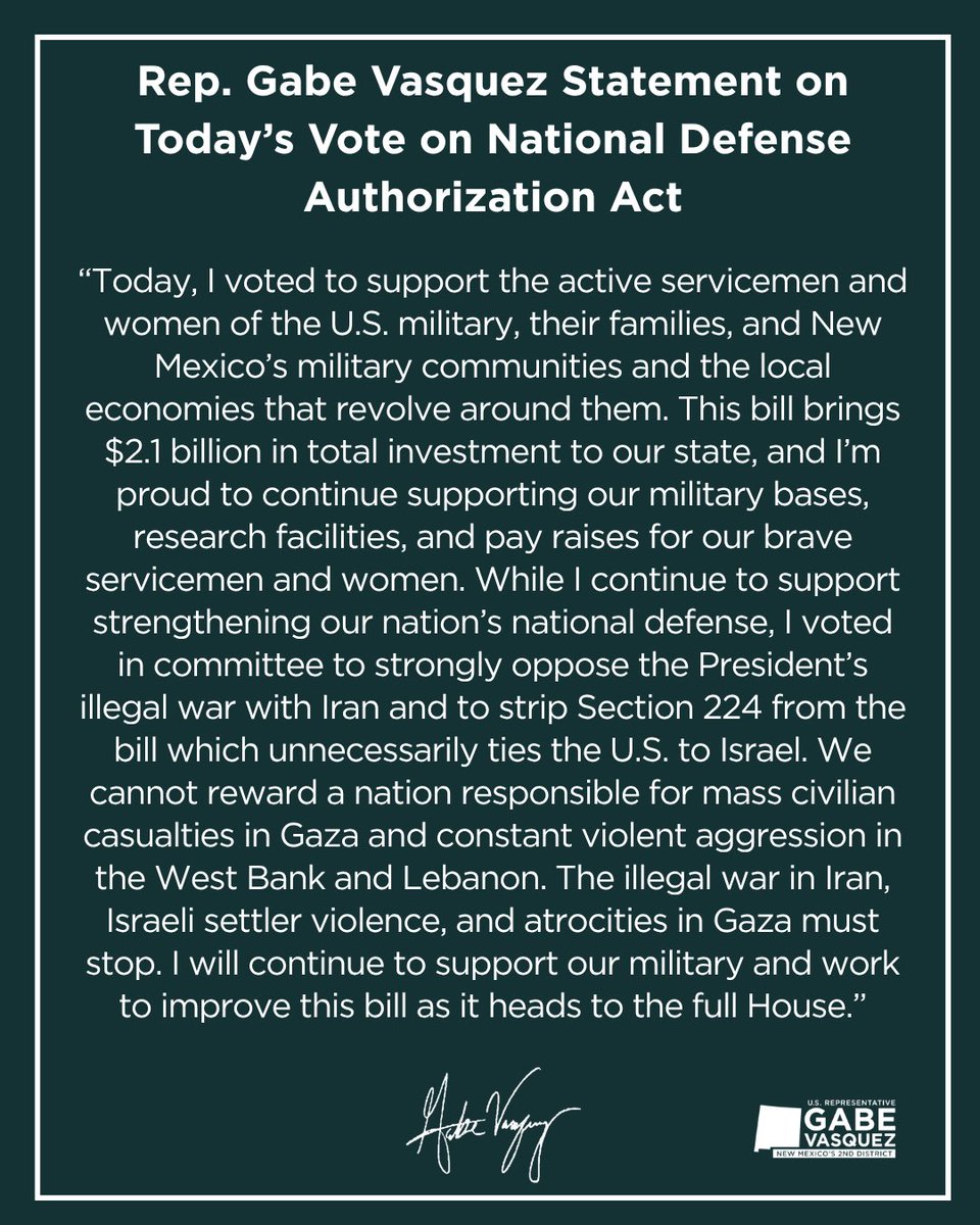 RepGabeVasquez's tweet photo. My vote on the National Defense Authorization Act delivers many wins for New Mexico and our military communities. Learn more here: https://t.co/rFNFm7AjDr https://t.co/rFSGNWDkJr