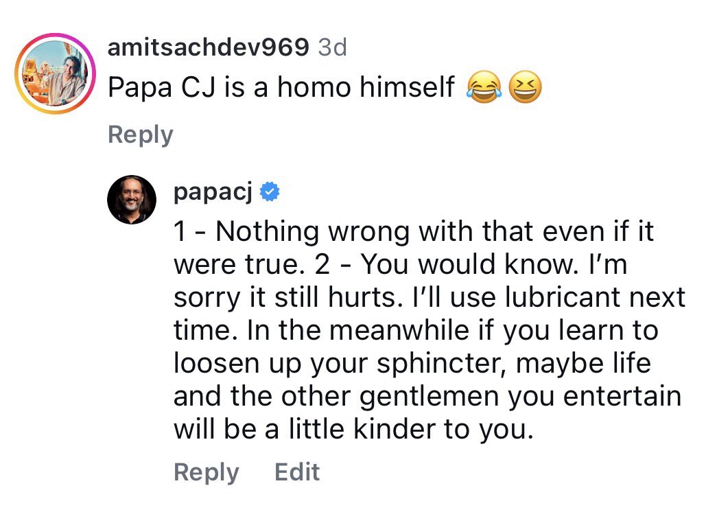 PapaCJ's tweet photo. Usually my approach towards online hecklers is that of George Bernard Shaw, who said, "Never wrestle with a pig. You get dirty and the pig enjoys it." However as you'll see from this screenshot, occasionally I engage! https://t.co/rrdroC8yti