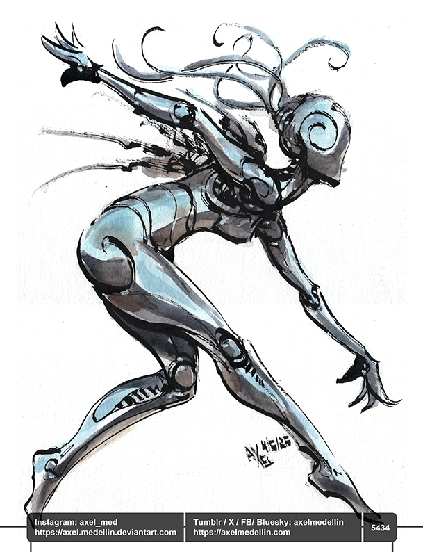 AxelMedellin's tweet photo. #dailydrawing 5434 #dibujodiario #drawingoftheday #calligraphic #robot #gynoid #scifigirl #sciencefictionart #watercolor #penandink #traditionalart https://t.co/tP3Qex1kN7