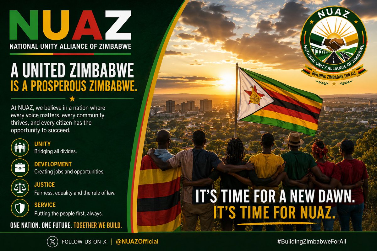 NuazOfficial's tweet photo. NUAZ stands for a Zimbabwe where every community matters, every young person has a chance to succeed, and every citizen has a voice in shaping our future.
The journey to national renewal begins with unity.
One Nation. One Future. Together We Build.
 #NUAZOfficial #NationalUnity https://t.co/7n1RP2tIui