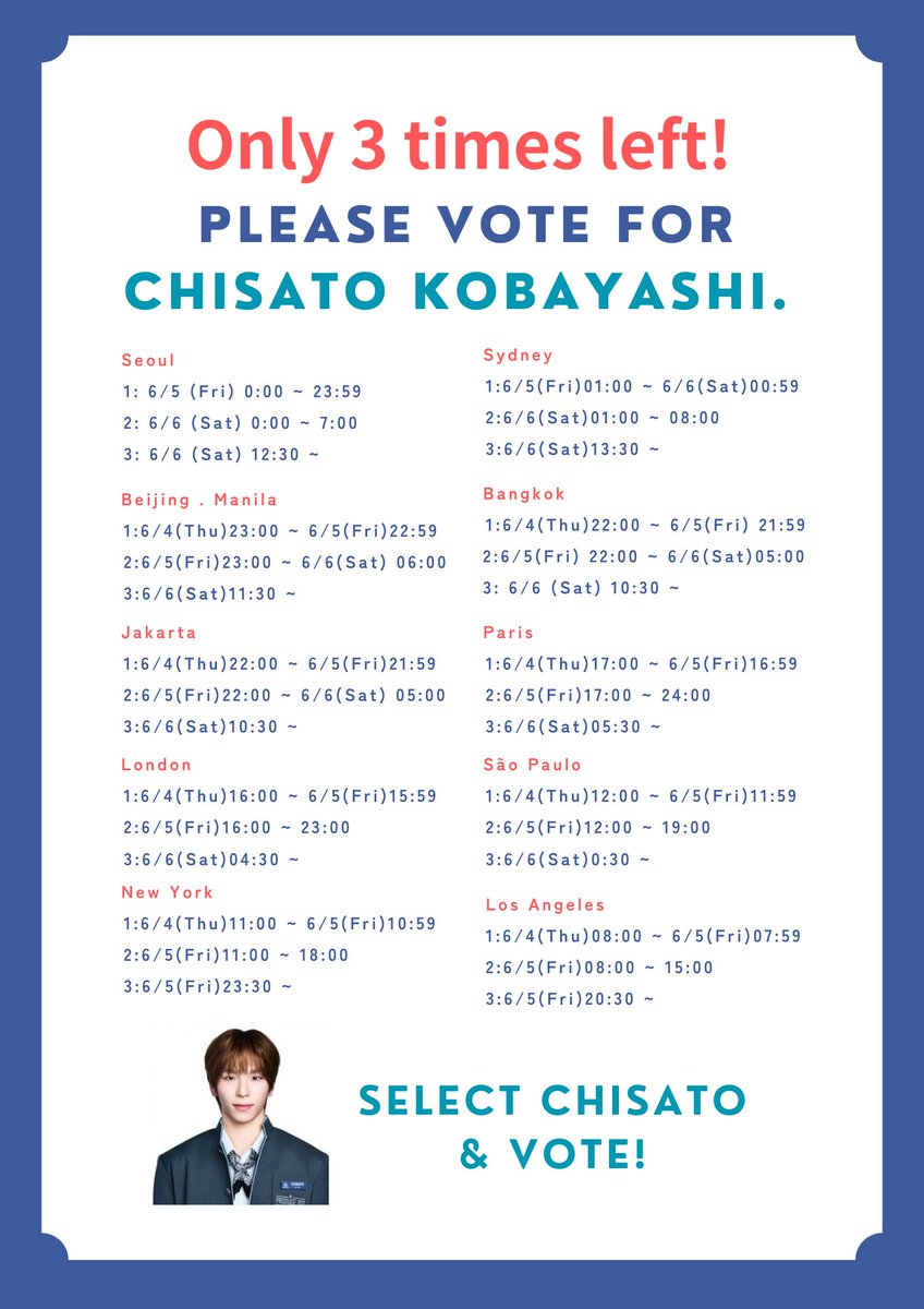 CHISATOPIA_fd's tweet photo. [📣]​To all Global Producers supporting Chisato Kobayashi,
There are only 3 voting sessions left! 
Please don't forget to cast your vote for Chisato.

Please double-check the time so you don't miss the vote!
#PRODUCE101JAPAN新世界 
#PRODUCE101JAPANGLOBAL
#小林千悟  #CHISATO https://t.co/v7UFuAhlPr