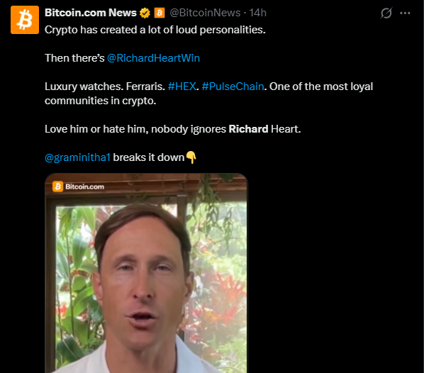 PulseProveX's tweet photo. 🚨🚨BREAKING:

@BitcoinNews (3.2M follower) just made a post about Richard heart saying that nobody can ignore him

#PulseChain this is huge, let's make some noise and let's make this go viral, everyone must see it🔥🔥🔥

$PLS $PLSX $HEX $PRVX https://t.co/15phxAw1NL