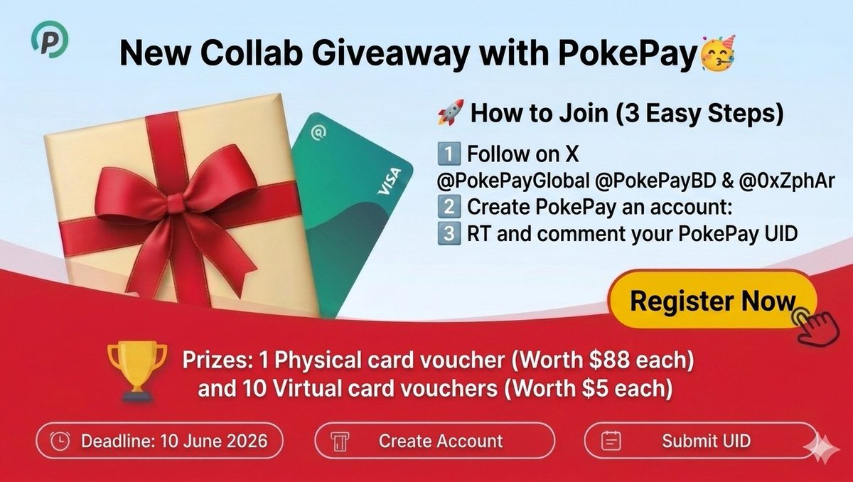 OxZphAr's tweet photo. New Collab Giveaway with PokePay🥳

🚀 How to Join (3 Easy Steps)

1️⃣ Follow 
@PokePayGlobal @PokePayBD & @OxZphAr
2️⃣ Create PokePay account: https://t.co/cqFrcz4Qnr
3️⃣ RT and comment your PokePay UID

🏆 Prizes: 1 Physical card voucher (Worth $88 each) 
and 10 Virtual card vouchers (Worth $5 each) 

⏰ Deadline: 10 june 2026