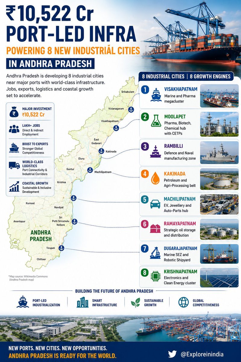 OdishaGrowthHub's tweet photo. Andhra Pradesh is showing how a coastline can become an economic powerhouse.

8 port-led industrial cities.
₹10,522 Cr infrastructure push.
Sector-specific clusters for Pharma, Defence, Petrochemicals, EVs, Shipbuilding, Electronics and Clean Energy.
Instead of treating ports as cargo points, Andhra is treating them as growth engines.
Every major port is being linked with an industrial ecosystem, jobs, exports and logistics.

This is how regions become globally competitive. 🚢📈