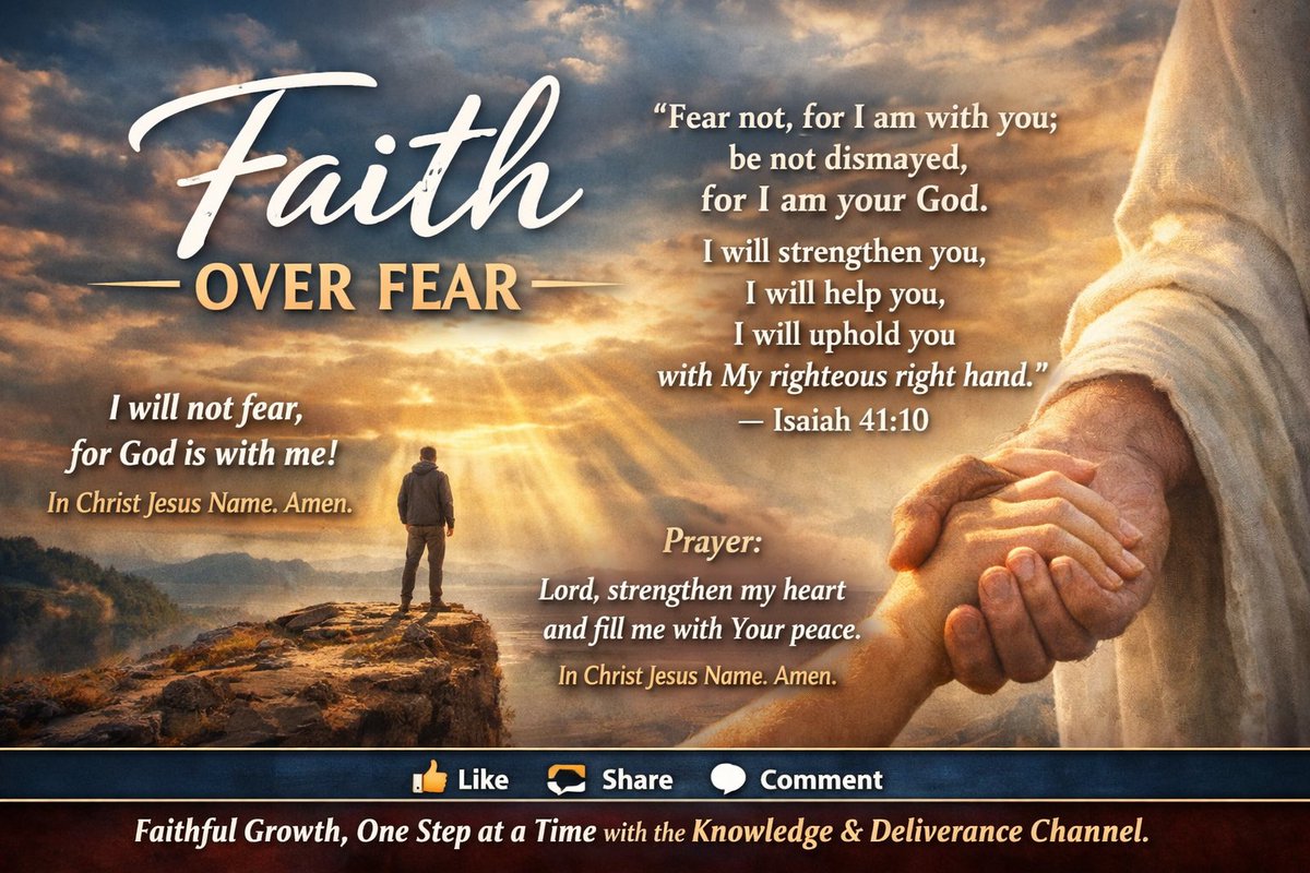 God_knowledge1's tweet photo. 🌟 Daily Devotion: Faith Over Fear 🌟  📖 Isaiah 41:10 — “Fear not, for I am with you; be not dismayed, for I am your God; I will strengthen you, I will help you, I will uphold you with My righteous right hand.”  Fear loses its grip when we realize who stands beside us. God doesn’t simply say “don’t be afraid” — He gives the reason: “I am with you.” His presence is the antidote to every paralyzing fear. When the Almighty holds your hand, no storm, no trial, no enemy can overpower you.  ✨ Declaration: I boldly declare today that fear has no hold over me. The Lord is my strength, my shield, and my ever-present help. I walk in victory because He is with me!  🙏 Prayer: Father, thank You for Your unfailing presence. Teach me to rest in Your promises and trust in Your strength. Let my heart be anchored in faith, not shaken by fear. In Christ Jesus Name. Amen.  💡 Takeaway: Fear fades when faith rises. Keep your eyes on the One who never leaves nor forsakes you — His presence is your courage.  👍 Like • 🔁 Share • 💬 Comment And help someone discover the 📖 Knowledge & Deliverance Channel today.