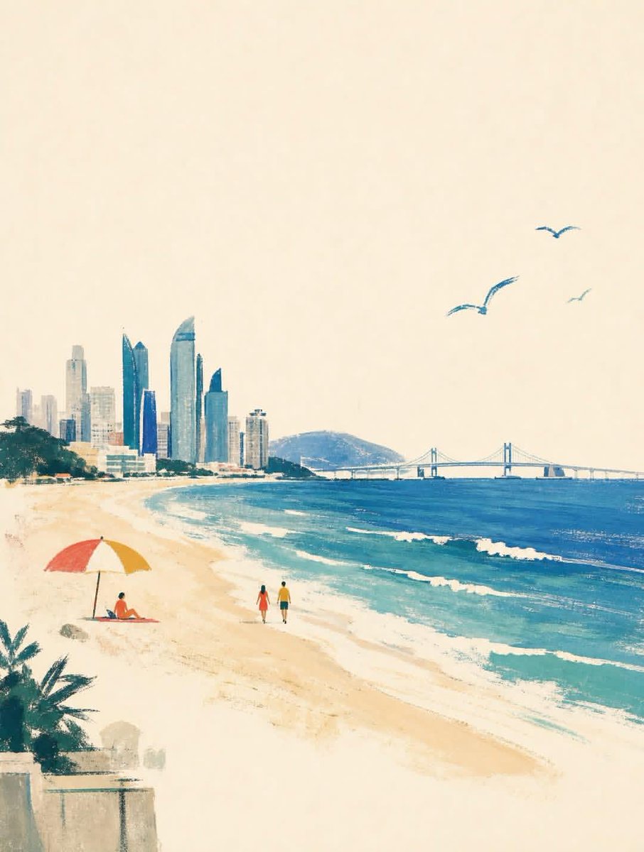 kingofdairyque's tweet photo. GPT image 2 on ChatGPT 
A wide horizontal landscape hand-painted illustration of [LANDMARK NAME] in [CITY/COUNTRY] with strong emphasis on negative space and quiet composition. 

The image features a warm off-white cream paper background that occupies 40-50% of the total canvas, creating generous blank margins and breathing room. 

The [LANDMARK NAME] is positioned slightly off-center as a calm visual anchor, depicted through simplified [KEY ARCHITECTURAL FEATURES - e.g., "towering structures", "iconic silhouette", "distinctive archways"] with loose, expressive brush strokes. The landmark is suggested through minimal rhythmic marks and abstract color blocks in deep teal, cobalt blue, and forest green, rather than drawing every architectural detail precisely.

The composition is sparse and uncluttered: only a few carefully placed elements including 2-3 tiny human figures [DOING TYPICAL ACTIVITY - e.g., "walking", "taking photos", "sitting"] rendered as simple silhouettes in coral red and mustard yellow, one small [CONTEXTUAL ELEMENT - e.g., "cafe table", "bench", "street vendor cart"] with minimal shapes, two or three [NATURAL ELEMENTS - e.g., "potted plants", "trees", "flowers"] in emerald green, and subtle [CULTURAL/ARCHITECTURAL HINTS - e.g., "traditional roof lines", "modern glass panels", "historic columns"].

Large areas of the warm paper background remain completely untouched, especially around the edges and between elements.

The style combines mid-century travel poster aesthetics with contemporary [REGIONAL] editorial illustration: elegant, minimal, warm, cultured, and slightly nostalgic.

The texture shows loose hand-painted gouache and pastel marks with dry brush strokes, pastel smudges, wax-crayon edges, uneven color patches, imperfect handmade edges, and visible gaps between colored areas.

Colors are layered, dry, and tactile with a restrained palette of deep teal, sky blue, coral red, salmon pink, mustard yellow, ochre, terracotta, and small near-black accents, but used sparingly so each color can breathe against the paper.

The overall mood is quiet, spacious, relaxed, refined, like a sophisticated [CITY] cultural postcard or handmade art print suitable for premium lifestyle merchandise.

The landmark remains recognizable through its essential identity—[DEFINING CHARACTERISTICS]—but the drawing stays airy, calm, poetic, and softly abstract.

Strong sense of pause, breath, and refined emptiness with confident use of blank space.

No crowded composition, no full-bleed busy background, no photorealism, no glossy digital rendering, no clean vector art, no 3D rendering, no text, no signage, no logos, no readable text.