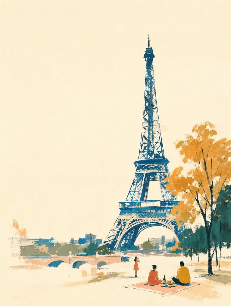 kingofdairyque's tweet photo. GPT image 2 on ChatGPT 
A wide horizontal landscape hand-painted illustration of [LANDMARK NAME] in [CITY/COUNTRY] with strong emphasis on negative space and quiet composition. 

The image features a warm off-white cream paper background that occupies 40-50% of the total canvas, creating generous blank margins and breathing room. 

The [LANDMARK NAME] is positioned slightly off-center as a calm visual anchor, depicted through simplified [KEY ARCHITECTURAL FEATURES - e.g., "towering structures", "iconic silhouette", "distinctive archways"] with loose, expressive brush strokes. The landmark is suggested through minimal rhythmic marks and abstract color blocks in deep teal, cobalt blue, and forest green, rather than drawing every architectural detail precisely.

The composition is sparse and uncluttered: only a few carefully placed elements including 2-3 tiny human figures [DOING TYPICAL ACTIVITY - e.g., "walking", "taking photos", "sitting"] rendered as simple silhouettes in coral red and mustard yellow, one small [CONTEXTUAL ELEMENT - e.g., "cafe table", "bench", "street vendor cart"] with minimal shapes, two or three [NATURAL ELEMENTS - e.g., "potted plants", "trees", "flowers"] in emerald green, and subtle [CULTURAL/ARCHITECTURAL HINTS - e.g., "traditional roof lines", "modern glass panels", "historic columns"].

Large areas of the warm paper background remain completely untouched, especially around the edges and between elements.

The style combines mid-century travel poster aesthetics with contemporary [REGIONAL] editorial illustration: elegant, minimal, warm, cultured, and slightly nostalgic.

The texture shows loose hand-painted gouache and pastel marks with dry brush strokes, pastel smudges, wax-crayon edges, uneven color patches, imperfect handmade edges, and visible gaps between colored areas.

Colors are layered, dry, and tactile with a restrained palette of deep teal, sky blue, coral red, salmon pink, mustard yellow, ochre, terracotta, and small near-black accents, but used sparingly so each color can breathe against the paper.

The overall mood is quiet, spacious, relaxed, refined, like a sophisticated [CITY] cultural postcard or handmade art print suitable for premium lifestyle merchandise.

The landmark remains recognizable through its essential identity—[DEFINING CHARACTERISTICS]—but the drawing stays airy, calm, poetic, and softly abstract.

Strong sense of pause, breath, and refined emptiness with confident use of blank space.

No crowded composition, no full-bleed busy background, no photorealism, no glossy digital rendering, no clean vector art, no 3D rendering, no text, no signage, no logos, no readable text.