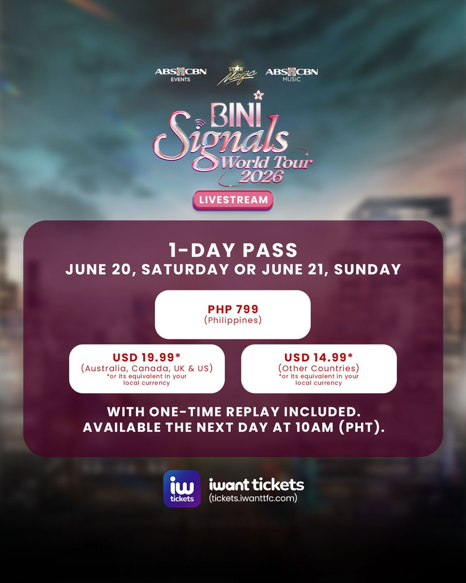 ofc_iwant's tweet photo. SIGNAL RECEIVED! 📡
You can now get your access to watch the BINI: SIGNALS WORLD TOUR - MANILA DAY 1 &amp; 2 via LIVESTREAM! 🌸

Purchase yours via iWantTickets!
🎟️ https://t.co/AHf9vZGmzM

#BINI #BINI_SIGNALS_WORLDTOUR_2026 #BINI_SIGNALS_TOUR @BINI_ph @starmagicphils https://t.co/rN9WB3ec1R