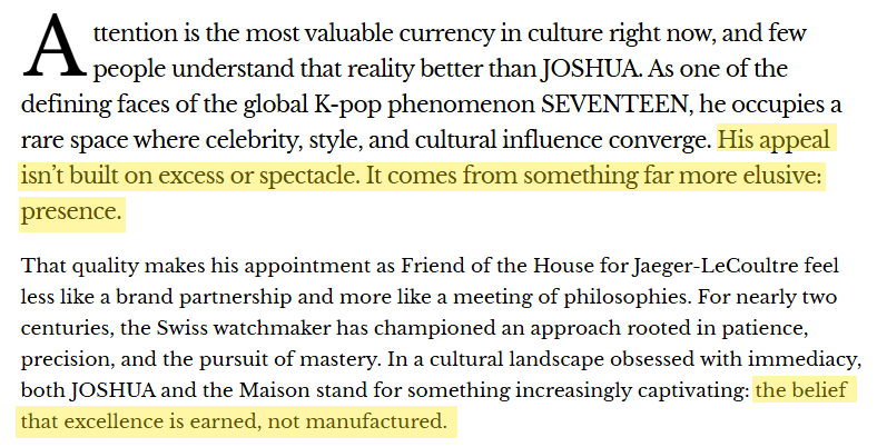 joshushushu_svt's tweet photo. #JOSHUA #조슈아 Jaeger LeCoultre

This article really brings out how sincere Shua is🥹
"..Every story eventually bends towards somebody else. The members who helped him weather the uncertainty of his trainee years. The fans whose trust became a source of momentum."

🌐: https://t.co/R0sZwUqbBt