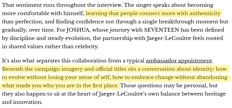joshushushu_svt's tweet photo. #JOSHUA #조슈아 Jaeger LeCoultre

This article really brings out how sincere Shua is🥹
"..Every story eventually bends towards somebody else. The members who helped him weather the uncertainty of his trainee years. The fans whose trust became a source of momentum."

🌐: https://t.co/R0sZwUqbBt