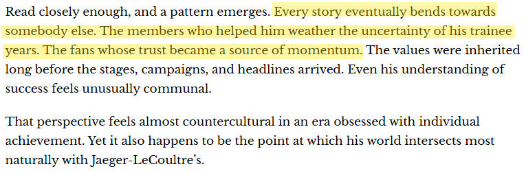 joshushushu_svt's tweet photo. #JOSHUA #조슈아 Jaeger LeCoultre

This article really brings out how sincere Shua is🥹
"..Every story eventually bends towards somebody else. The members who helped him weather the uncertainty of his trainee years. The fans whose trust became a source of momentum."

🌐: https://t.co/R0sZwUqbBt