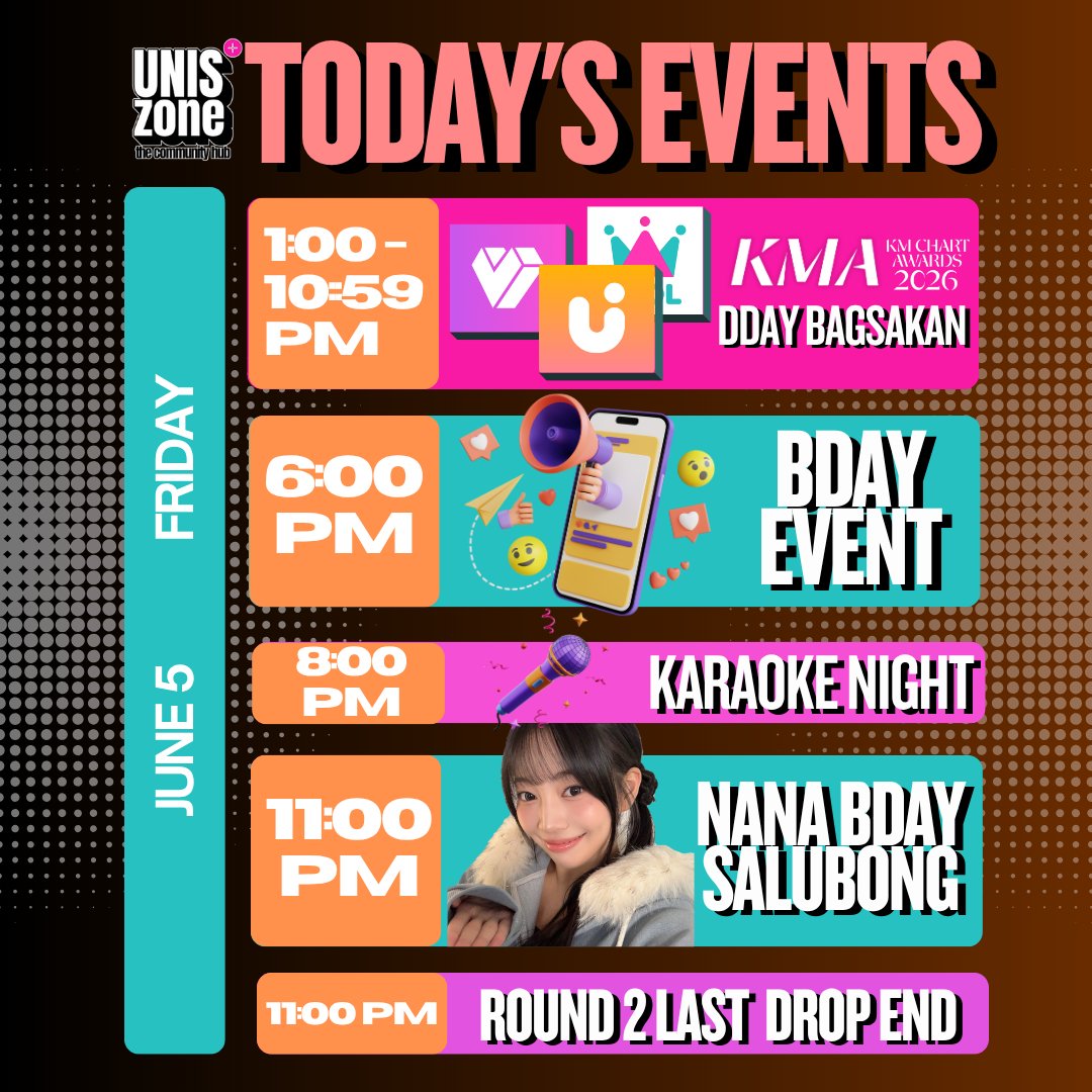 uniszone's tweet photo. 𝗜𝗻 𝗨𝗭, 𝘁𝗼𝗱𝗮𝘆’𝘀 𝗲𝘃𝗲𝗻𝘁𝘀 𝗮𝗿𝗲 𝗹𝗼𝗮𝗱𝗲𝗱! 🔥

EverAfters, we’re inviting you to join our live broadcast tonight as we spend the day voting for UNIS and counting down for our lovely bub's upcoming birthday.

Here’s what to look forward to:
• 1PM - 10:59PM - KMA2026 Round 2, D-Day, Bagsakan
• 6PM - UZ Birthday Event (Nana)
• 8PM - Karaoke Night
• 11PM - Nana Birthday Salubong

Join us here: https://t.co/U2rjVWFtdJ
Or wait for our LIVE broadcast later @ 8pm.

See you later, fellow Epta! 🩷

#UNIS #유니스 #KMA2026 #NANA