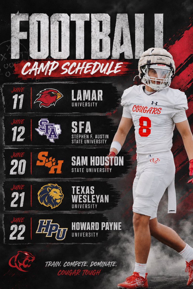 DylanK_Murphy8's tweet photo. Here’s my camp schedule for this summer. Locked in this summer. 

@Crosby_CougarFB @RecruitCrosby @JabaraWilliams https://t.co/uUFniYKypY
