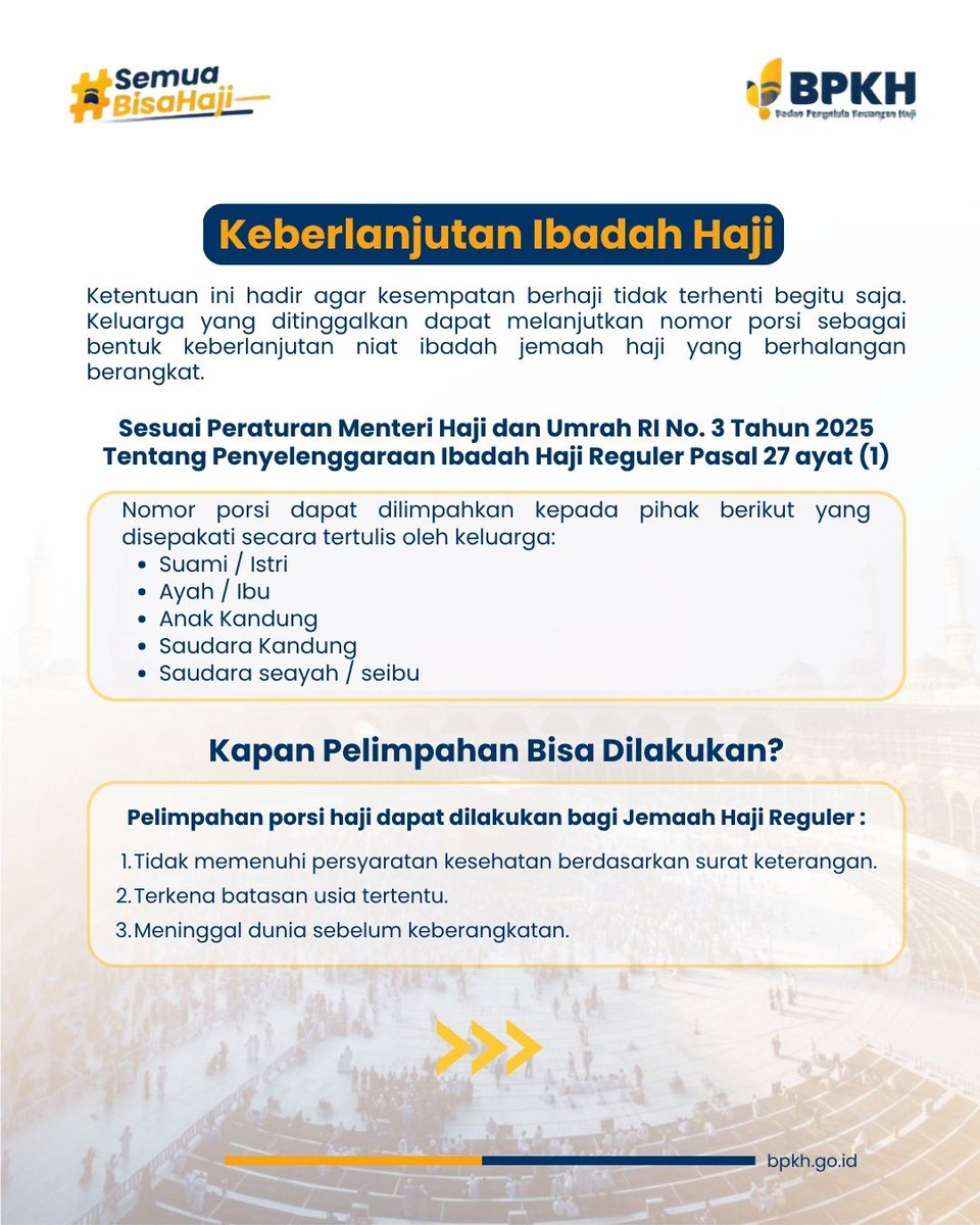 BPKHRI's tweet photo. Niat suci menuju Baitullah tidak berhenti begitu saja. 🕋

Jika karena kondisi tertentu jemaah berhalangan berangkat, porsi haji tetap dapat dilanjutkan kepada keluarga sesuai ketentuan yang berlaku.
Untuk informasi lebih lanjut mengenai pelimpahan porsi haji, kunjungi https://t.co/kTrE3k10qw.

Karena setiap niat baik selalu ada jalannya. 🤍

#bpkhri #semuabisahaji #ayohajimuda