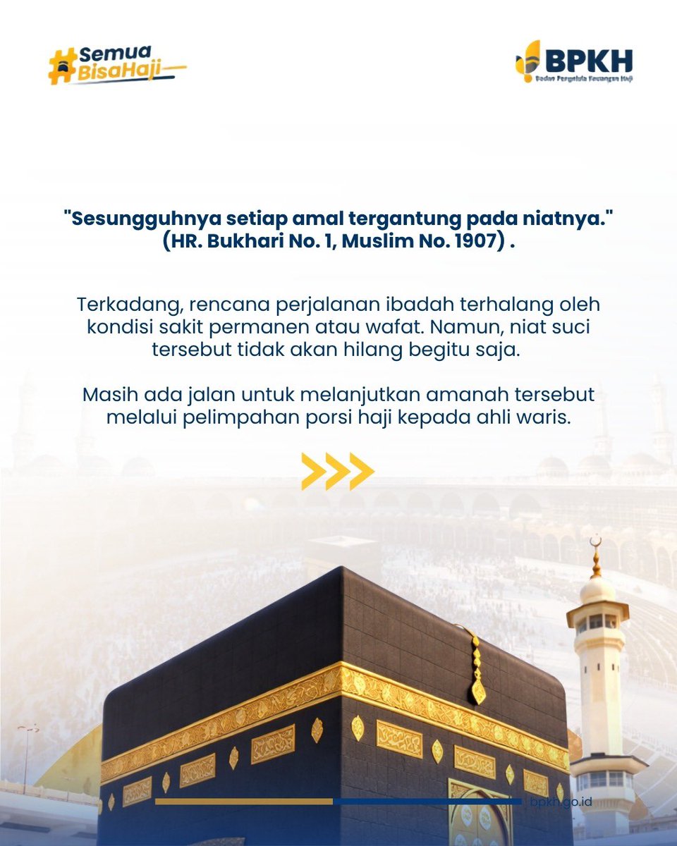 BPKHRI's tweet photo. Niat suci menuju Baitullah tidak berhenti begitu saja. 🕋

Jika karena kondisi tertentu jemaah berhalangan berangkat, porsi haji tetap dapat dilanjutkan kepada keluarga sesuai ketentuan yang berlaku.
Untuk informasi lebih lanjut mengenai pelimpahan porsi haji, kunjungi https://t.co/kTrE3k10qw.

Karena setiap niat baik selalu ada jalannya. 🤍

#bpkhri #semuabisahaji #ayohajimuda