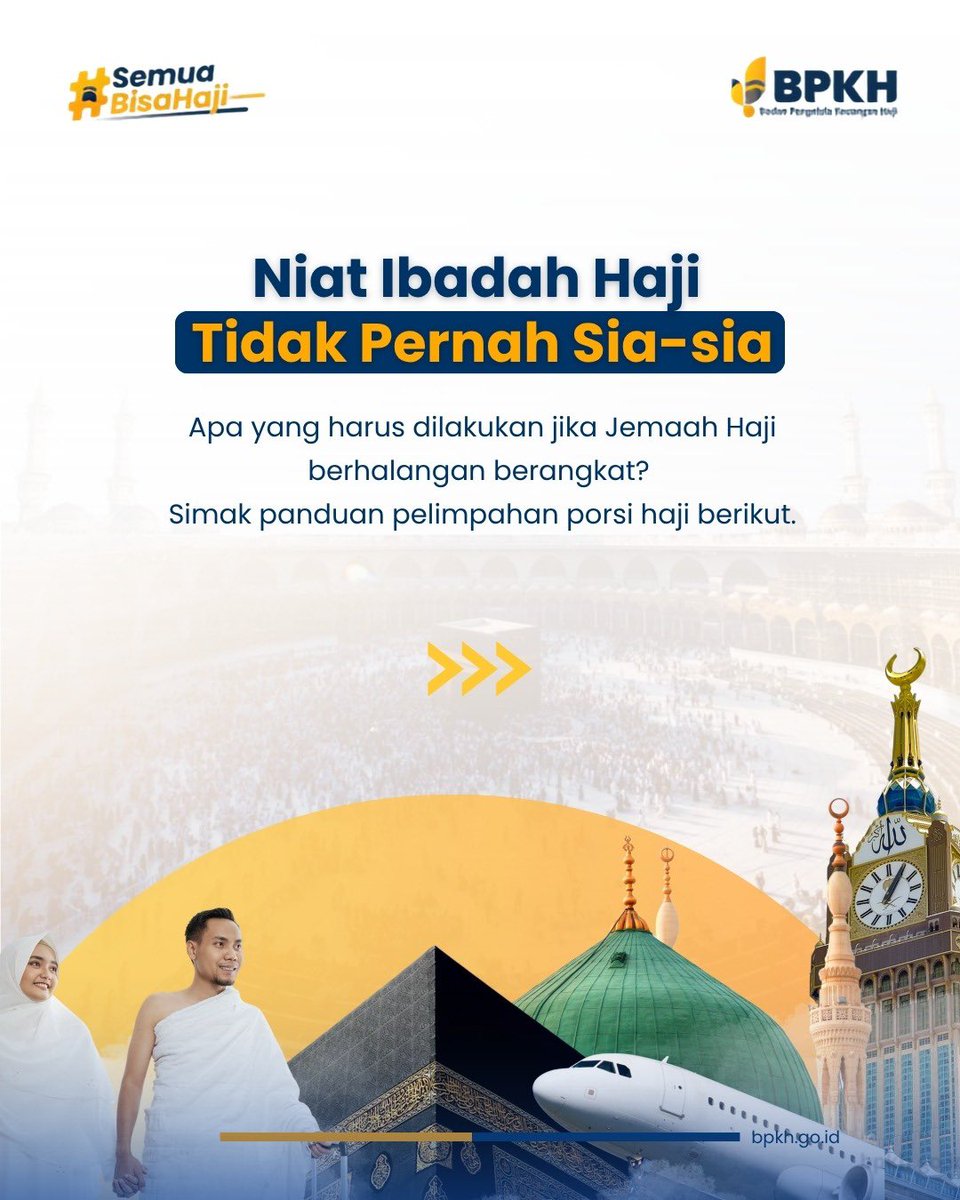 BPKHRI's tweet photo. Niat suci menuju Baitullah tidak berhenti begitu saja. 🕋

Jika karena kondisi tertentu jemaah berhalangan berangkat, porsi haji tetap dapat dilanjutkan kepada keluarga sesuai ketentuan yang berlaku.
Untuk informasi lebih lanjut mengenai pelimpahan porsi haji, kunjungi https://t.co/kTrE3k10qw.

Karena setiap niat baik selalu ada jalannya. 🤍

#bpkhri #semuabisahaji #ayohajimuda