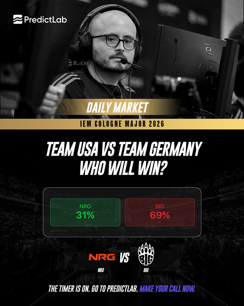 Joinpredictlab's tweet photo. Three CS2 markets. Three storylines. One question: who reads the game better? π
πΊπΈ NRG vs BIG π©πͺ
π Will Team Liquid qualify?
π¨π³ TYLOO vs Lynn Vision β who leads Chinaβs CS2 scene?
Markets are live now on PredictLab.
Watch. Predict. Play.
#PredictLab #IEMCologne #CS2 https://t.co/GQyGJamrIj