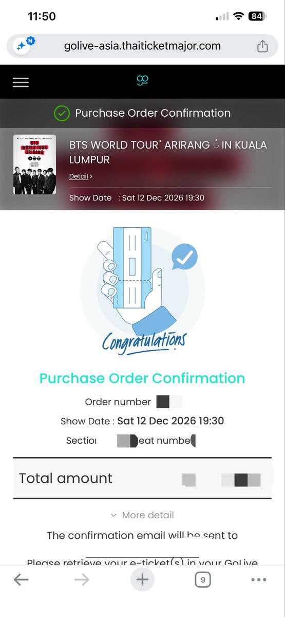_evebluey's tweet photo. Thank you those who kasi tips to load faster. Got it during general sales waaa 😭🫶🏻 Finally I'm seeing my 1st kpop group that I stan which then got me into kpop a decade ago, since their Run era. #BTSinKL #BTS_Worldtour_Arirang_Kualalumpur https://t.co/izlWPaFtT2