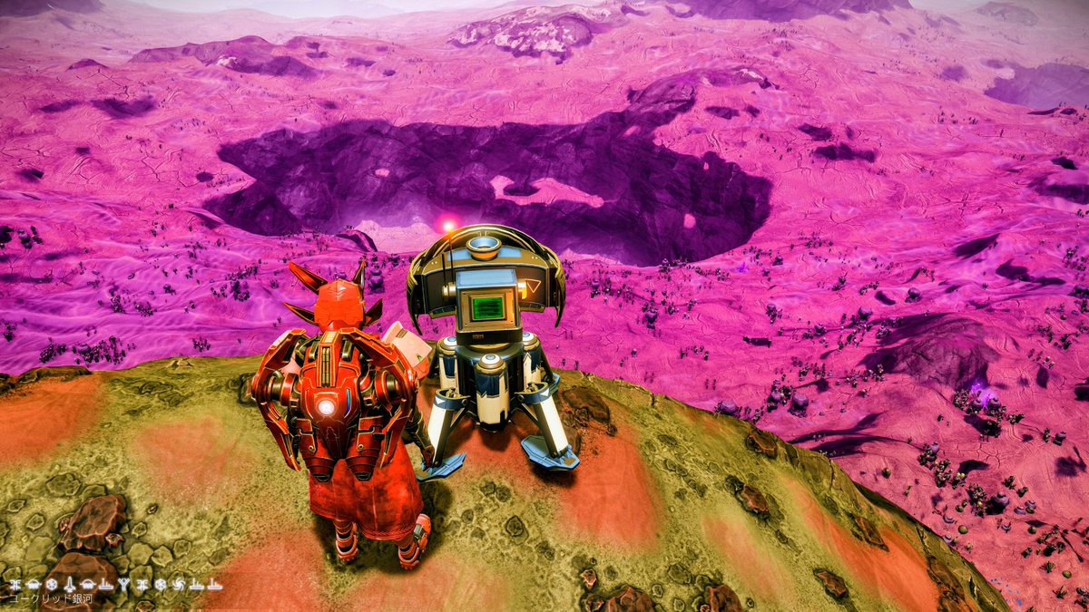 ARMORED_CORE2's tweet photo. #NoMansSky #共同探検22 #スウォーム 
ちょいと直近の丘の上に基地コン置いてみた。目印は発見者トラベラーさんが置いてくれた赤いセーブビーコン☝️ https://t.co/DMfQN7iucg