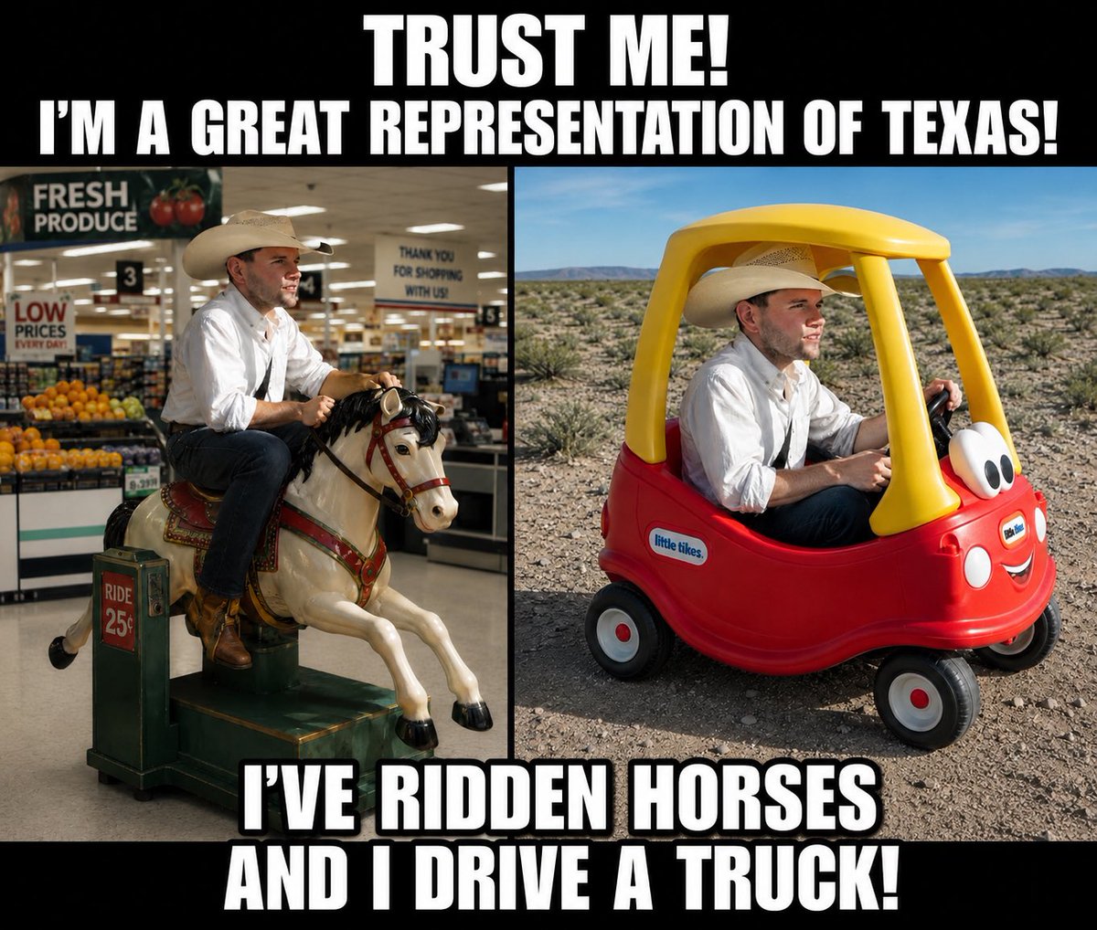 MustangMan_TX's tweet photo. “Trust me! I am a perfect representation of the state of Texas! I’ve ridden horses and I drive a truck!! 
I’ve even rebuilt a tranny!” 😂🤣🤦‍♂️ https://t.co/z7o7BMGlKI