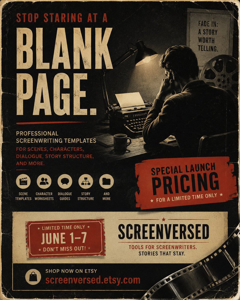 ScreenVersed's tweet photo. Stop staring at a blank page.
Professional screenwriting templates for scenes, characters, dialogue, story structure, and more.
Special launch pricing available from June 1–7 only.
https://t.co/divqLeuAJA
#screenwriting #screenwriter #writingcommunity #filmmaking #storytelling #amwriting #indiefilm