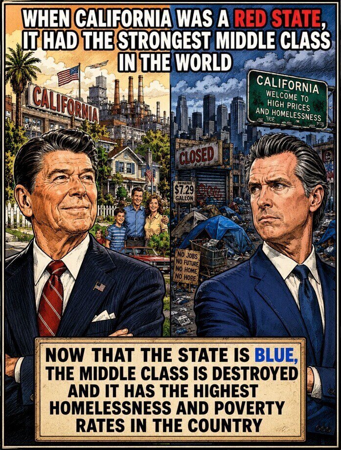 TrumpGirlOnFire's tweet photo. Back when California voted Republican for President (1952-1988), it was the Golden State — booming economy, dream factories, safe streets, Hollywood magic, and people flooding IN. Reagan country!  

Then the Democrats took over completely. Now  
- Record homelessness (1/4 of the entire nation's)  
- Sky-high taxes + gas + housing  
- Businesses & conservatives fleeing  
- Crime exploding  
- Failing schools & open borders chaos  

Democrat supermajority turned paradise into a dumpster fire.  

Proof that BLUE = BROKE. RED = PROSPERITY.  
Time to take California back! 🇺🇸