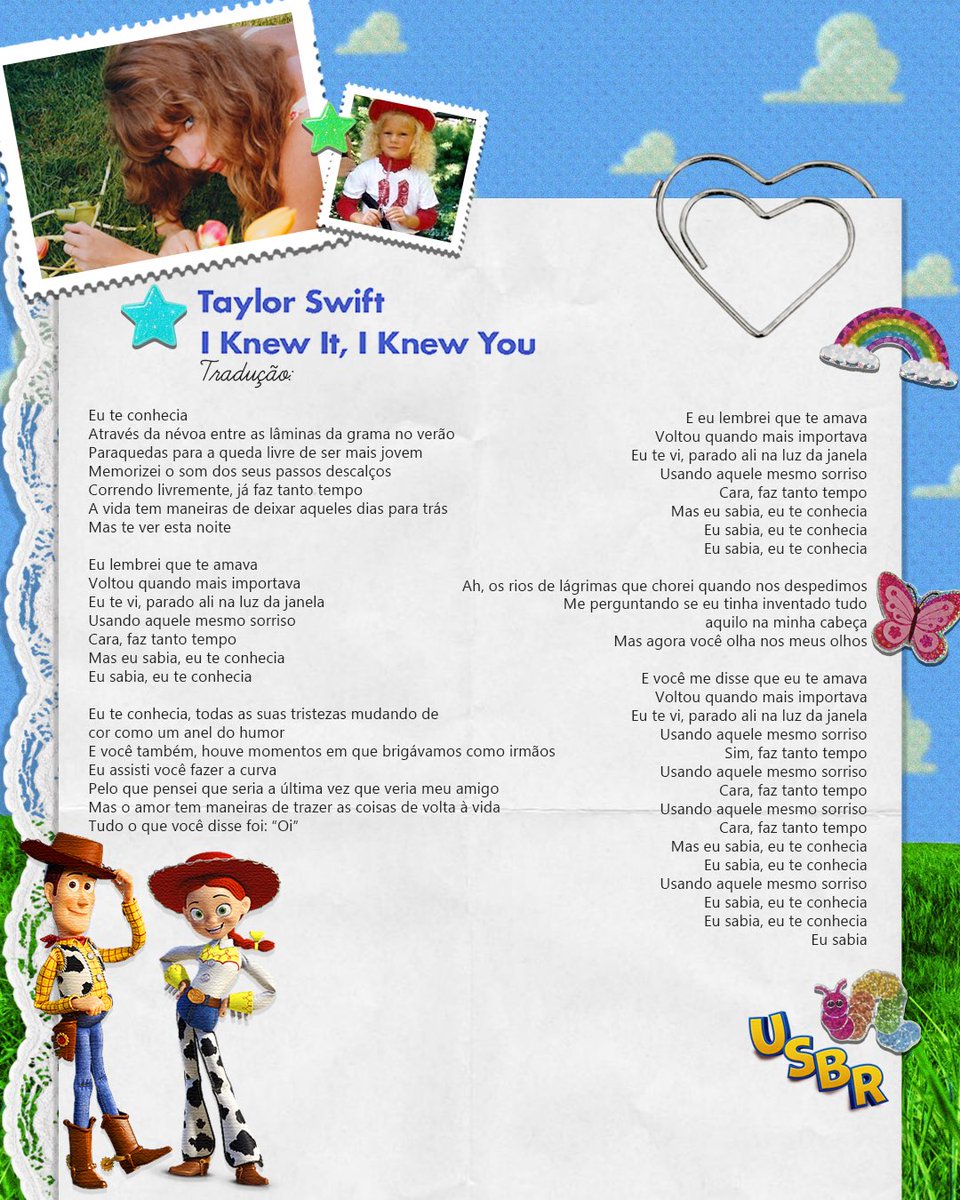 updateswiftbr's tweet photo. 🚨 Confira a tradução e a letra de “I Knew It, I Knew You”, música original de Taylor Swift para a trilha sonora de Toy Story 5. 🤠🩵 https://t.co/itLY7xrwyz