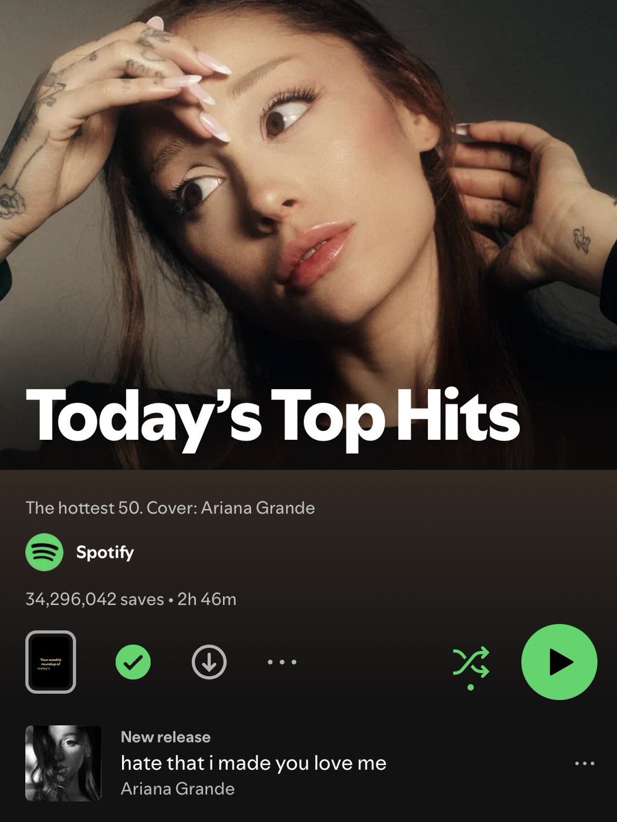 ArianaToday's tweet photo. ‘hate that i made you love me’ rises to #1 (+1) on spotify’s today’s top hits playlist ꕤ｡˚⋆ https://t.co/8TSowns2me