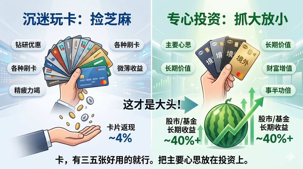 future_better_'s tweet photo. 年轻人千万不要沉迷玩卡，否则就是捡芝麻、丢西瓜。

境内外，各有两张好用的主流卡就行了，总数不过三五张。

把主要心思放在投资上，钻研信用卡那4%的返现，跟美股基金40%的上涨比起来，简直就是个笑话。 https://t.co/3WkmfXdDTS