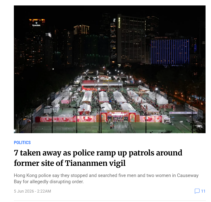 FY4Chan's tweet photo. Adding insult to injury: The SCMP had this at 2.22am on June 5th about people "disrupting order" at the "former site of Tiananmen vigil". 🙄 https://t.co/iUmlg462pl