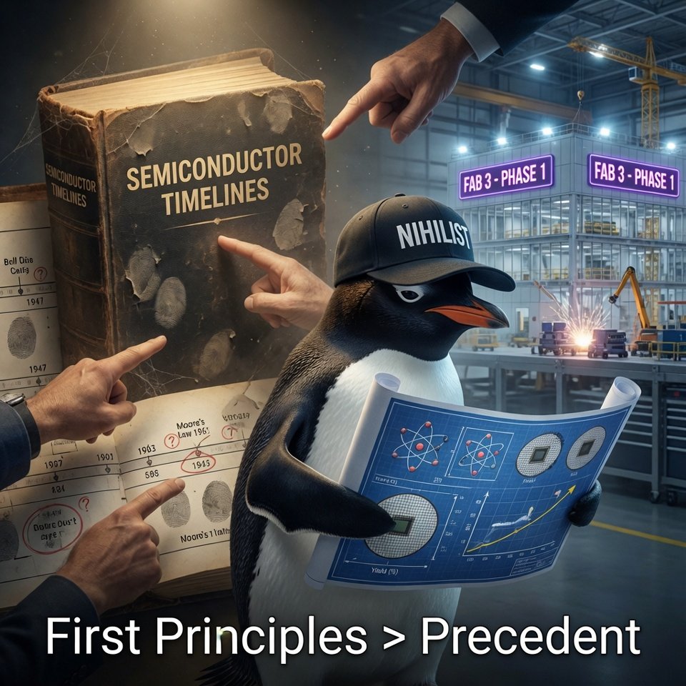 SymbanChain's tweet photo. The colony reasons by precedent: “It’s never been done that fast, so impossible.”

The Nihilist Penguin doesn’t care what the history books say. He breaks it down to first principles — atoms, physics, yield curves — and sees only soft constraints that have already been solved before.

He doesn’t debate the skeptics. He just builds. 🐧