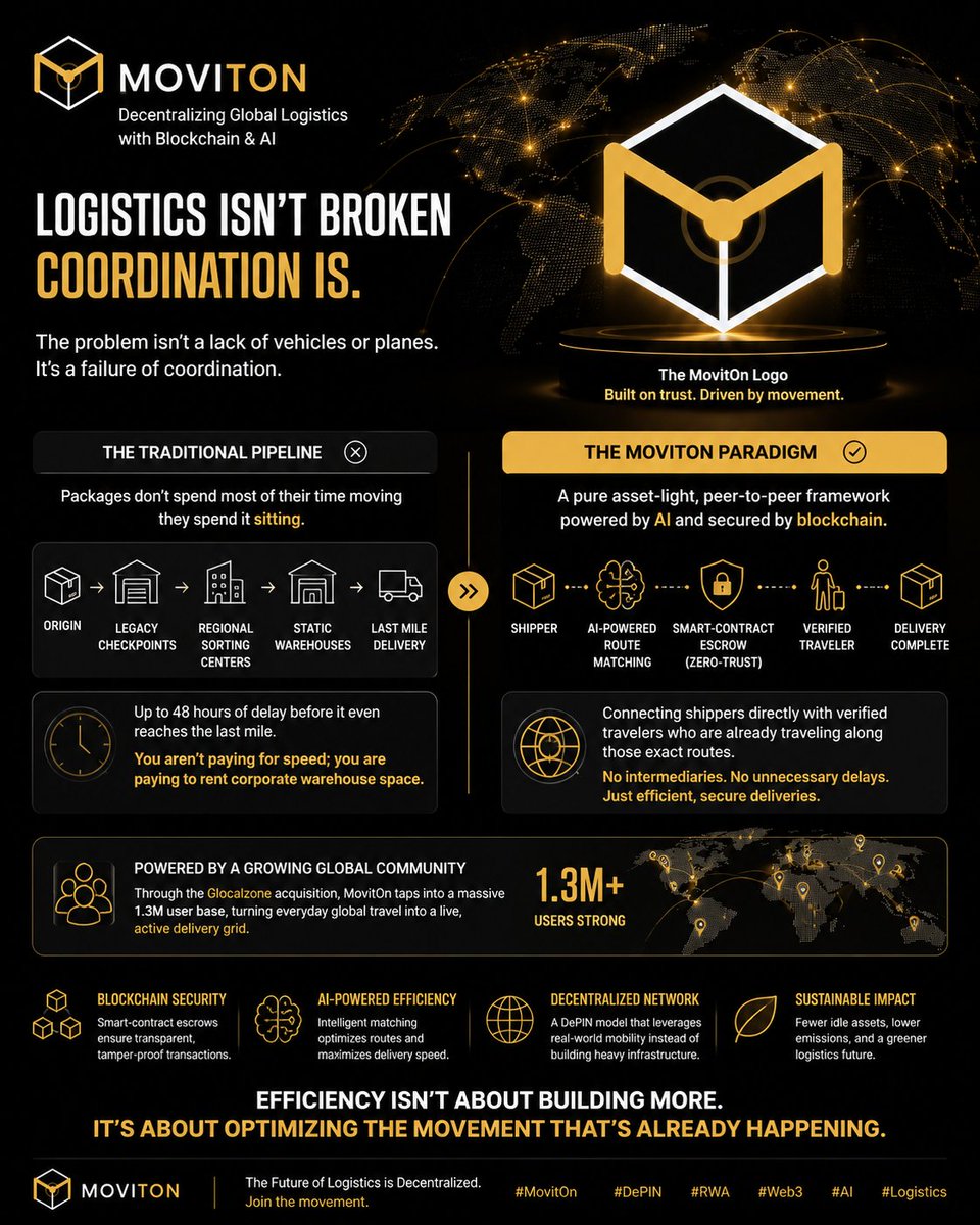 RBasit786's tweet photo. @MovitOn_P2P 
Most logistics delays don't happen on the road or in the air.

They happen while packages sit idle in warehouses, sorting hubs, and outdated coordination systems.

@MovitOn_P2P is taking a different approach.

By combining AI-powered route matching with blockchain-secured escrow, MovitOn connects shippers directly with verified travelers already moving along the same routes.

No unnecessary intermediaries.
No heavy infrastructure.
Just smarter coordination of movement that's already happening.
With a growing network strengthened by Glocalzone's 1.3M users, MovitOn is transforming everyday travel into a decentralized global delivery grid.
The future of logistics won't be built by adding more warehouses.

It will be built by optimizing the world's existing mobility.

🌍📦🤖

#MovitOn #DePIN #RWA #Web3 #AI #Logistics