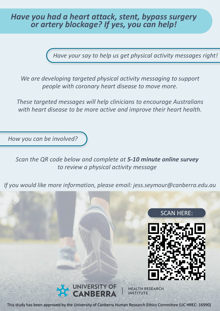 SOLVECHD's tweet photo. ❣️ Are you living with #HeartDisease or know someone who does?

Have your say and help us get the message right for physical activity advice. Join this 5-10 minute survey (closing soon!) and make a difference today: https://t.co/qGboU98jls 👈

@NicoleFreene @UniCanberra https://t.co/3r87EOeY5y
