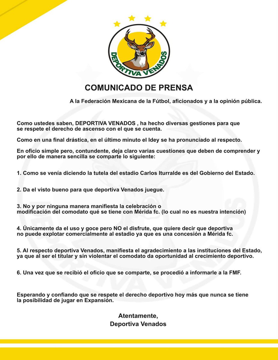 AtmosferaD's tweet photo. El gobierno del estado de Yucatán finalmente se pronuncia y entregó el visto bueno a #DeportivaVenados para hacer uso del Carlos Iturralde.

¿Será demasiado tarde? 

Lo dicho; el estadio Carlos Iturralde, NO es de @venadosfc …es del gobierno y por ende, de TODOS los Yucatecos. https://t.co/YcEsUNIrB7