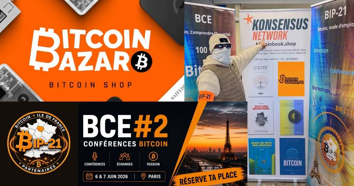 ducbitcoinparis's tweet photo. 🚨 BCE#2 approche ! https://t.co/Ffqf0nDyxz

Les 6 et 7 juin 2026, retrouvez-nous à Paris pour deux journées entièrement consacrées à #Bitcoin.
Venez rencontrer et échanger avec :
📖 @KonsensusFR
🧢 @bitcoinbazar21
⚡ @planb_network 

Ainsi que de nombreux intervenants :
🎤 @NicolasCantuBk
🎤 @philippeherlin
🎤 @nono2357
🎤 @TheoPantamis
🎤 @ProfEduStream
🎤 @lauremerlin 
🎤@FabriceHeuvrard
...

👉 Nous parlerons  Bitcoin et de tout ce qui l'entoure :
⚡ Finance & politique
📜 Histoire
⛏️ Minage
📊 Comptabilité
🔐 Sécurité
💼 Portefeuilles
⚙️ Technologie

✨Nos sponsors
https://t.co/RXq587S3NX. https://t.co/v5S6H7FW1n

📢Retrouvez nous:  https://t.co/Ffqf0nDyxz