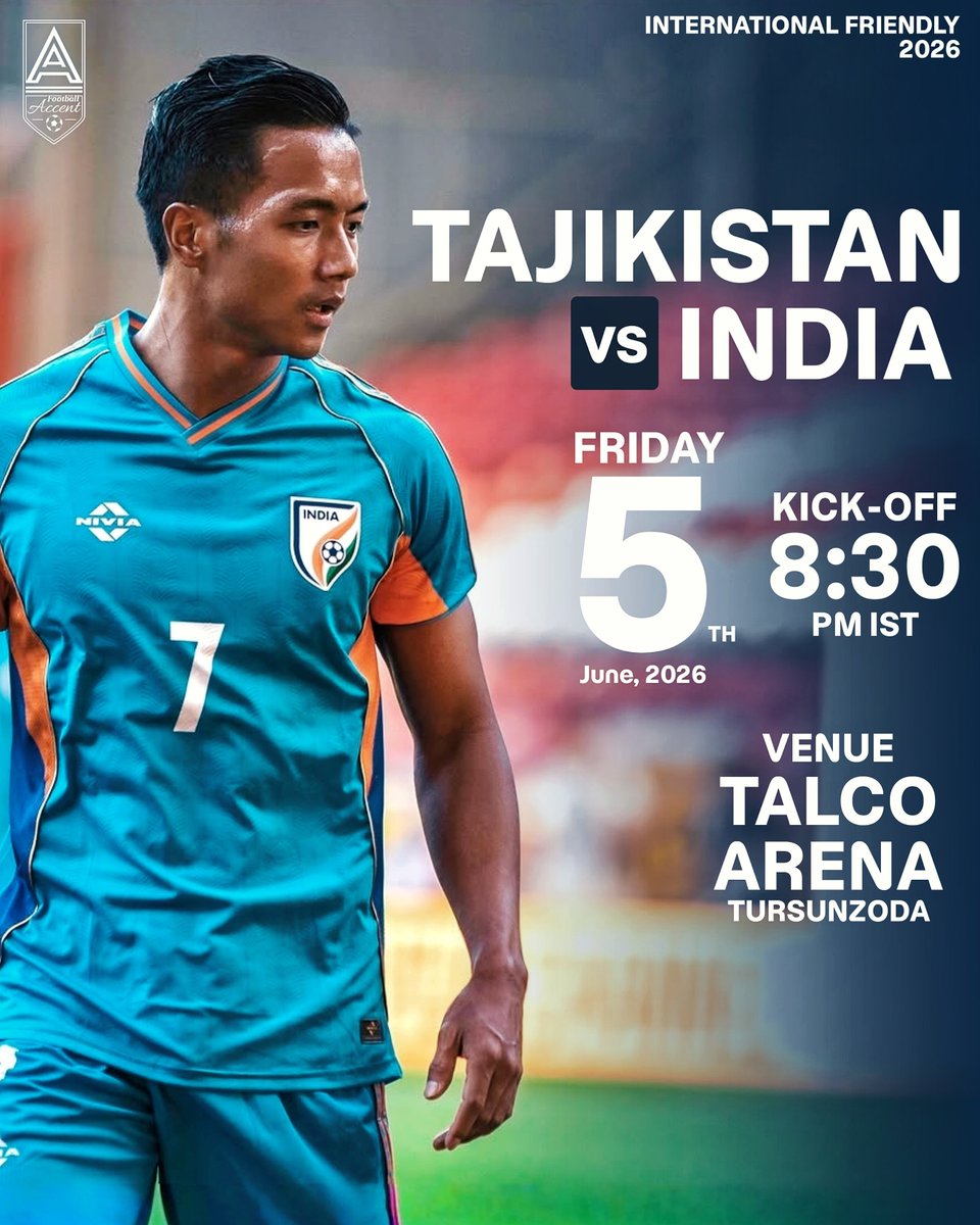 FootballAccent's tweet photo. Tajikistan Vs India 
Friday, June 5th
8:30 pm IST 

#IndianFootball #FootballAccent #BlueTigers https://t.co/gAUBrqELYV