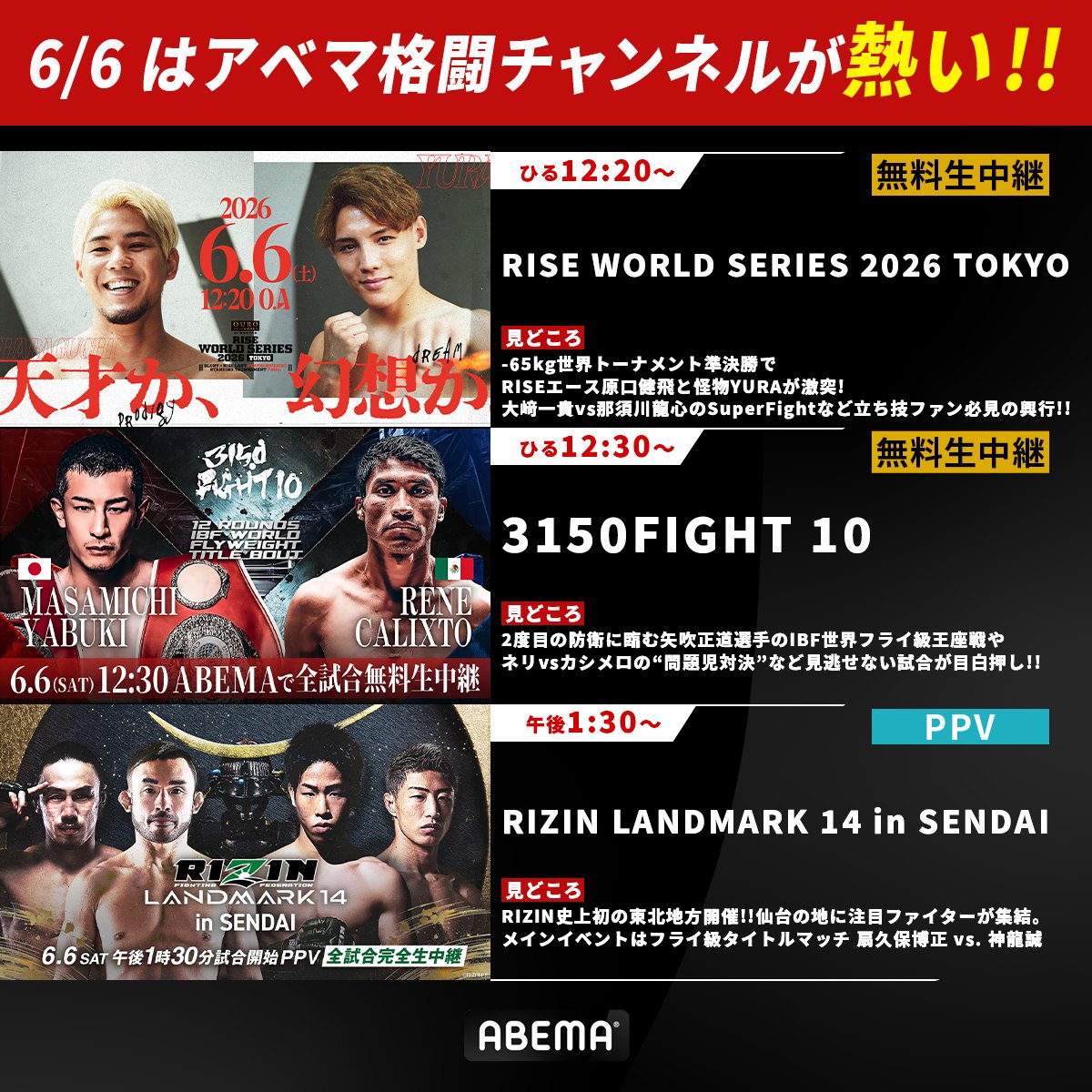 Abema_Fight's tweet photo. 🔥6月6日はABEMA格闘チャンネルがアツい🔥

──────
✓RISE WORLD SERIES 2026 TOKYO【無料】
　@RISE_2003
✓3150FIGHT 10【無料】
　@3150Fight
✓RIZIN LANDMARK 14 in SENDAI【PPV】※一部無料
　@rizin_PR
──────

自宅でも外出先でも視聴可能📺
ぜひ、ABEMAの格闘チャンネルでお楽しみください👊