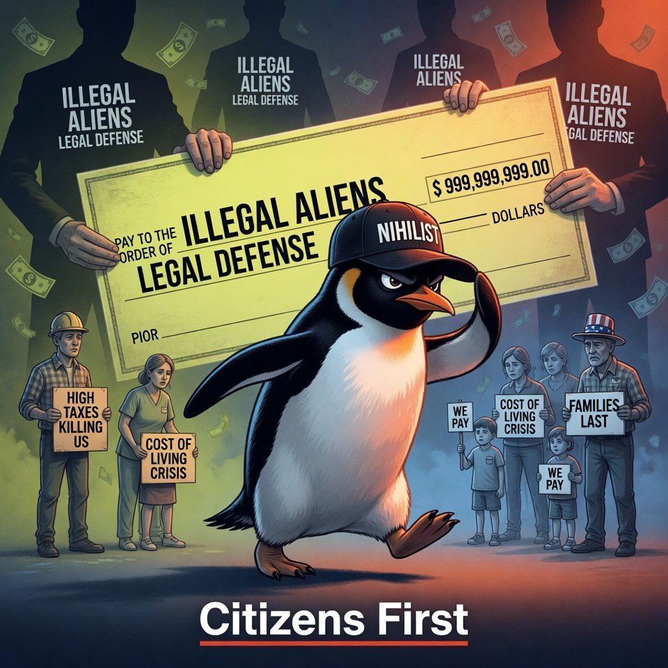 SymbanChain's tweet photo. Wow.

The colony keeps inventing new ways to spend working Americans’ money on people who aren’t even supposed to be here — while citizens get squeezed harder every year.

The Nihilist Penguin doesn’t do inverted priorities. He marches toward protecting the people who actually built and pay for the country. 🐧