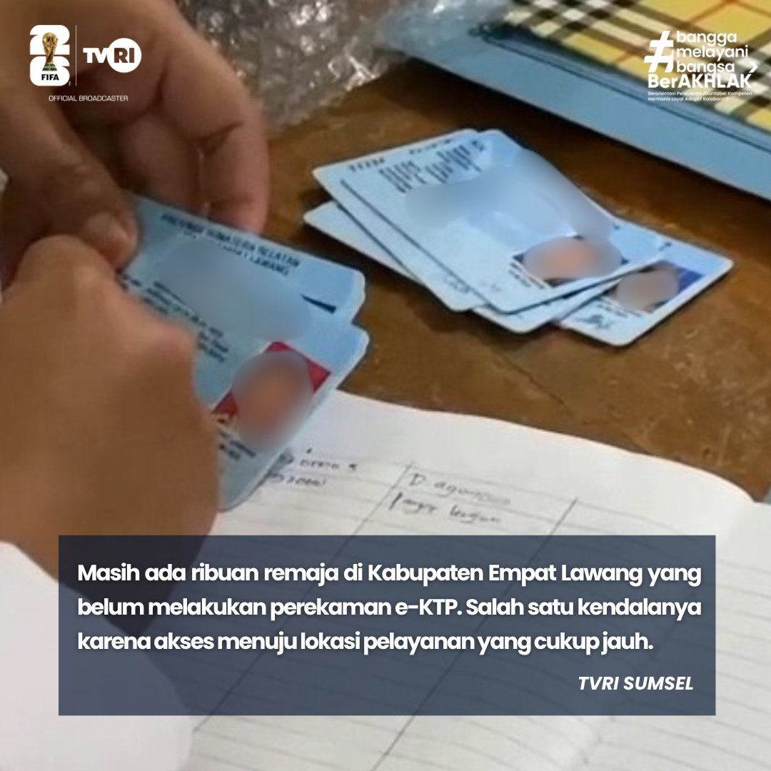 tvrisumsel's tweet photo. Menurut Anda, bagaimana solusi agar layanan perekaman e-KTP bisa menjangkau masyarakat di daerah pelosok? #TVRISumsel #TVRINews #EmpatLawang #eKTP #PelayananPublik https://t.co/nJpWk52XUp
