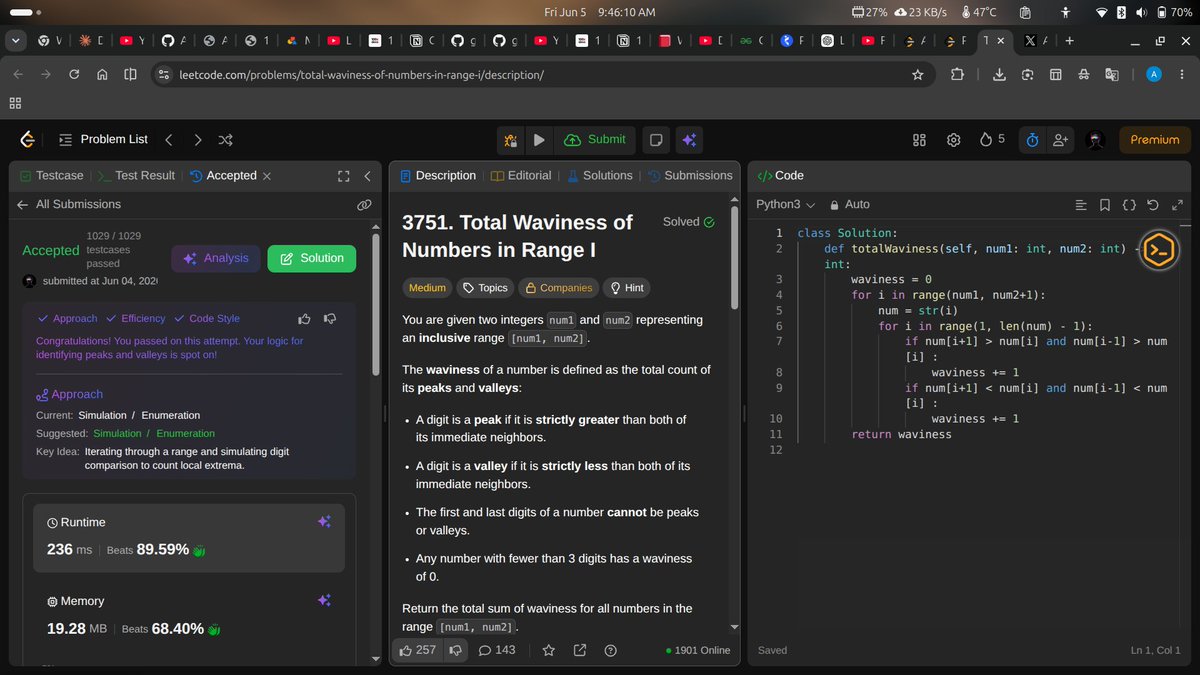 Abhijeetb0's tweet photo. 🚀 Day 85/100 — #100DaysOfCode
📅 4 June 2026

Today’s Progress 👨🏻‍💻

🧠 DSA
✅ Solved Daily LeetCode Problem - 3751
✅ Wrote in both Python3 and C++

#BuildInPublic #LearnInPublic #WebDev #DSA https://t.co/e30QWCOVkQ