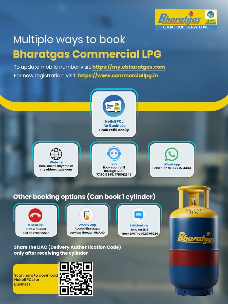 BPCLIndore's tweet photo. Bharatgas commercial customers can now book refills through multiple digital modes.
Share DAC code after receiving the cylinder.

@BPCLimited @BPCLLPG @PetroleumMin @HardeepSPuri @Secretary_MoPNG
#Bharatgas #BharatgasCommercial #CommercialLPG
#HelloBPCL https://t.co/epeH8KjUul