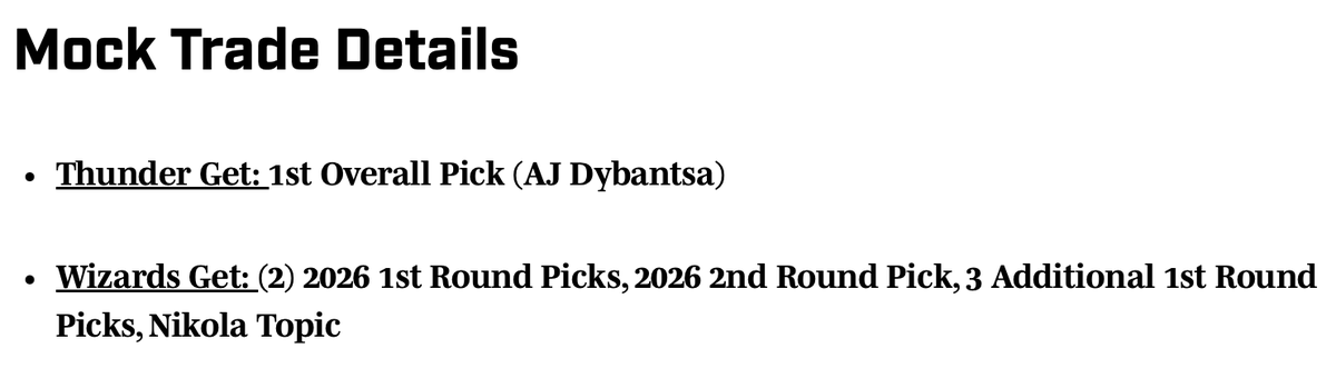 WizRoundtable's tweet photo. Update: new candidate for the worst possible #Wizards mock trade for the top overall pick

Thunder pick 12th and 17th in this month's draft https://t.co/fDeeuKdgLo