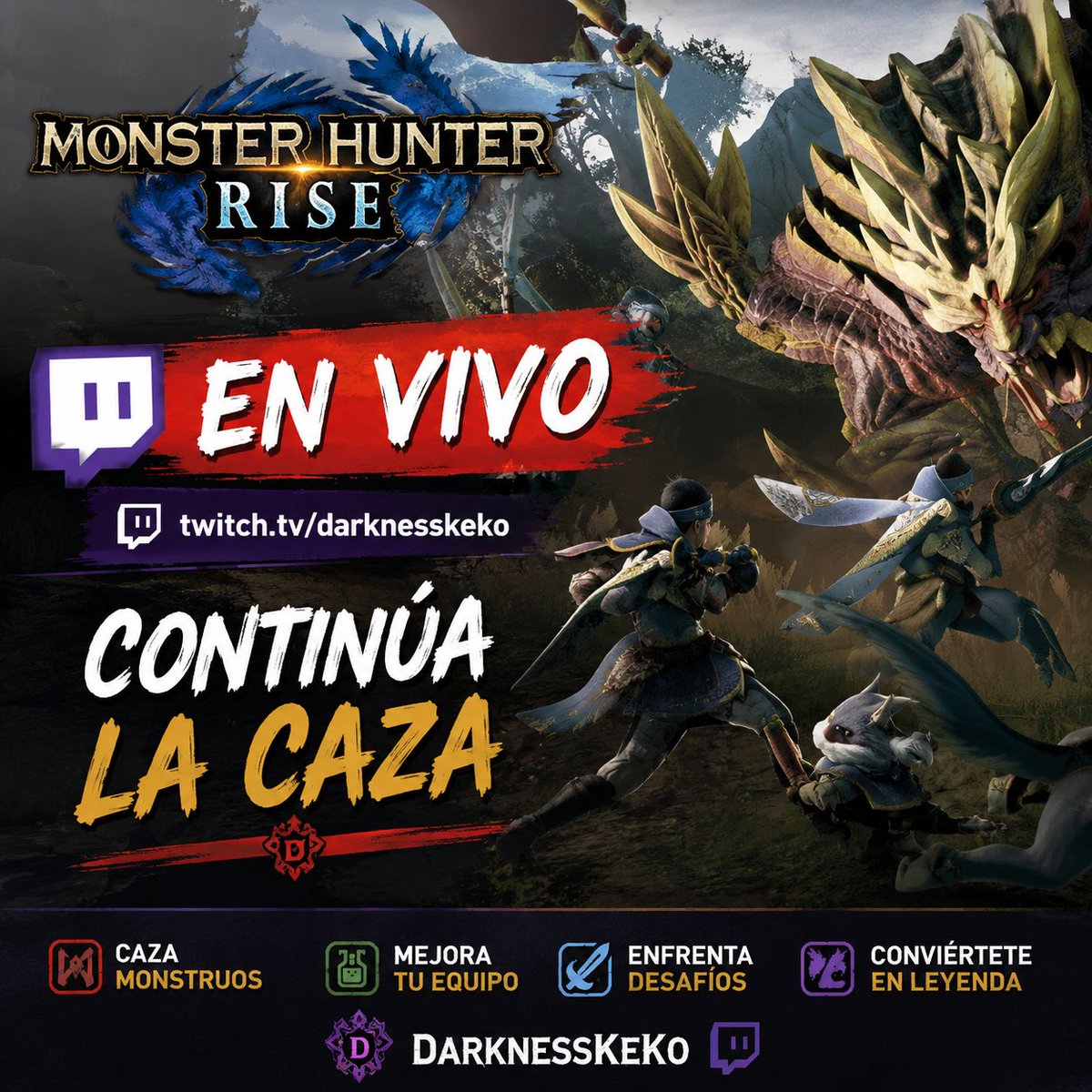 Darknesskeko's tweet photo. 🐉⚔️ Cazamos monstruos en Monster Hunter Rise 😈

Ven a vernos triunfar... o convertirnos en la presa 😂🔥

#MonsterHunterRise #Sunbreak #Gaming #MonsterHunter #Darknesskeko
https://t.co/es54J1ypjn https://t.co/D40OSNxvlU