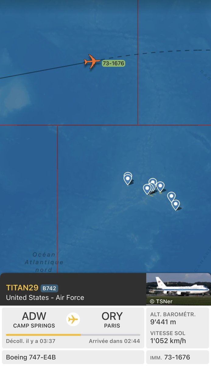 CH_LEBAD's tweet photo. 🟠🟠🟠 G7 🇺🇸 🇨🇦 🇩🇪 🇯🇵 🇫🇷 🇮🇹 🇬🇧
En prévision du déplacement de @POTUS au sommet du G7 à Evian 🇫🇷 avec atterrissage de AF1 à #GVA 🇨🇭, le « Doomsday plane » est en route pour #ORY où il y aura une réunion des ministres de la défense.
73-1676 B747-EB https://t.co/843iPMLHt3